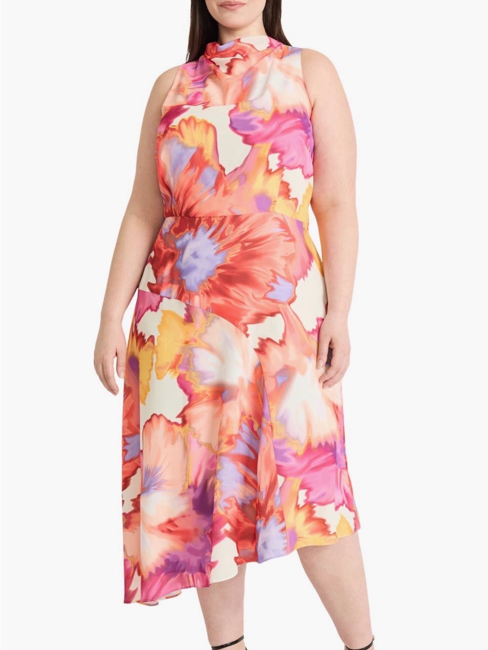 Maggie London Asymmetric Floral Watercolor A-Line Dress in Multicolor